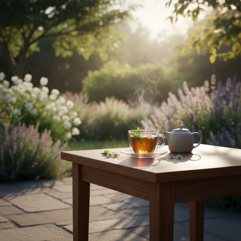 How to Set Boundaries Without Feeling Selfish or Guilty 1 A single cup of herbal tea sits on a wooden table bathed in soft morning sunlight.