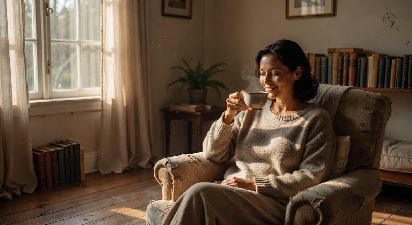 Happiness vs Joy: Why Good Days Can Still Feel Empty 1 A smiling individual sits near a sun-drenched window, cradling a warm ceramic mug in both hands. Golden morning light illuminates their face and the cozy, soft-textured interior surroundings of the room.