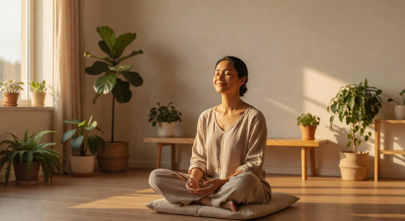 A calm individual sits in a sun-drenched room filled with indoor greenery, their eyes closed in reflection. A soft, warm glow highlights their gentle smile amid the minimalist furniture arrangement.