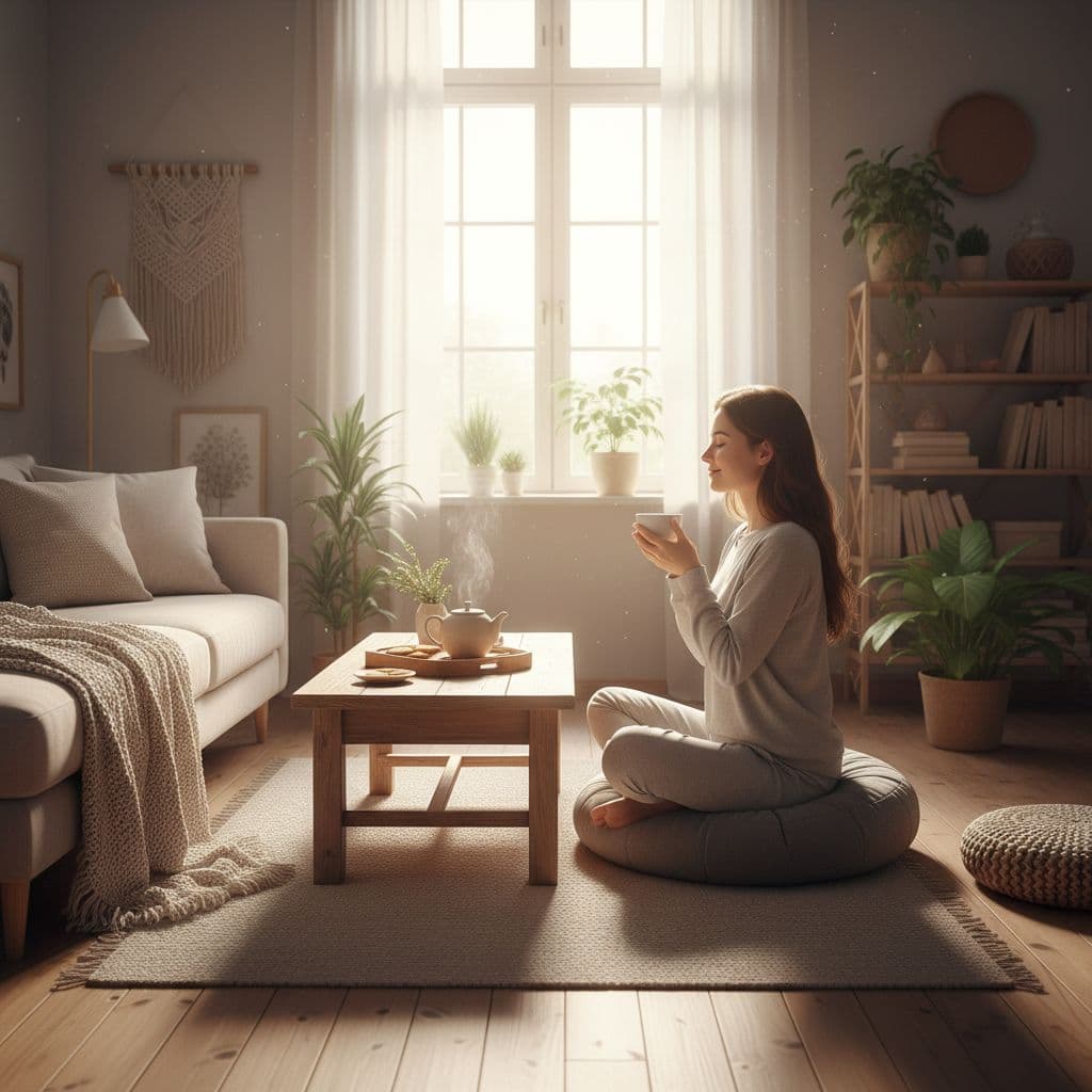 How to Build a Morning Routine Without Fighting Yourself 1 A woman sits peacefully on a floor cushion in a sun-drenched living room. A steaming porcelain teacup rests on a small side table nearby, while soft light fills the quiet space.