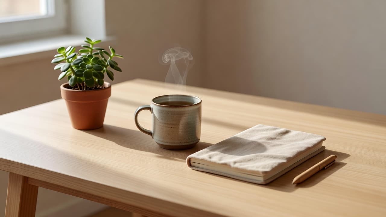 How to Manage Stress Positively Without Faking Calm 1 A soft notebook lies beside a steaming cup of herbal tea on a clean desk surface. A vibrant green indoor plant adds life to the calm, sunlit morning workspace arrangement.