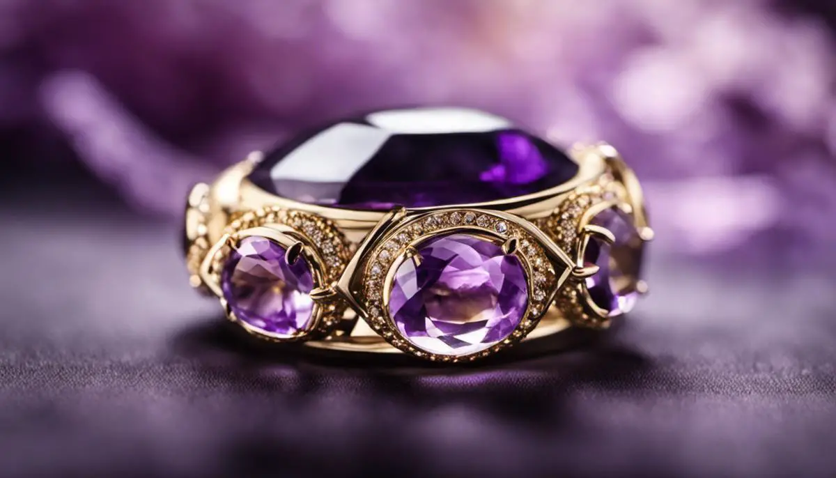 A close-up image of a beautiful violet amethyst gemstone, representing spiritual growth and calmness for its wearer.