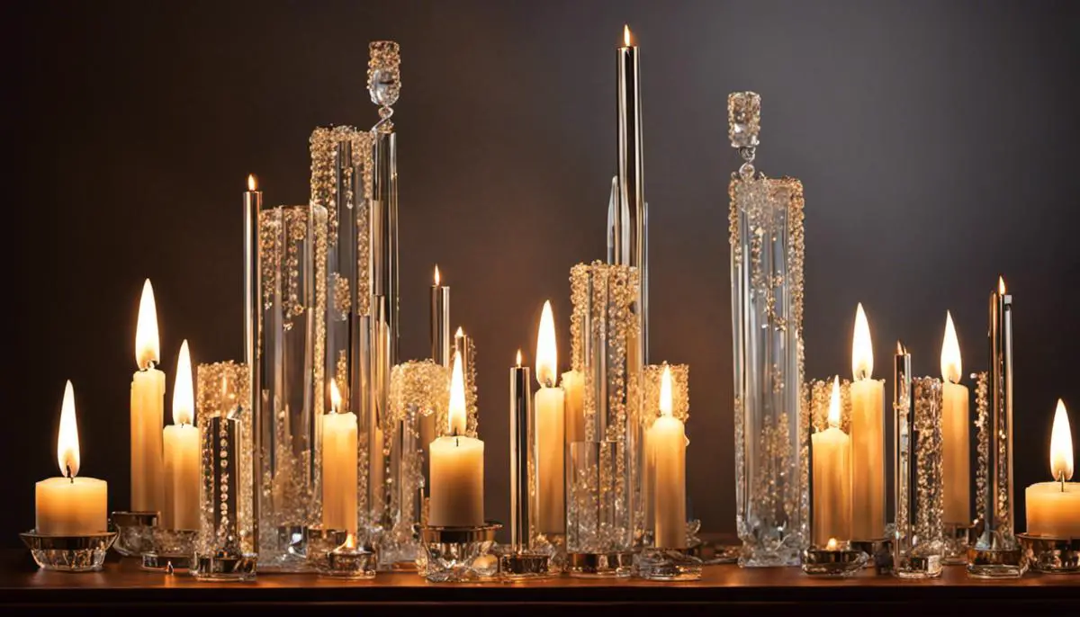 An image depicting crystal candles with beautiful crystals and a lit flame.
