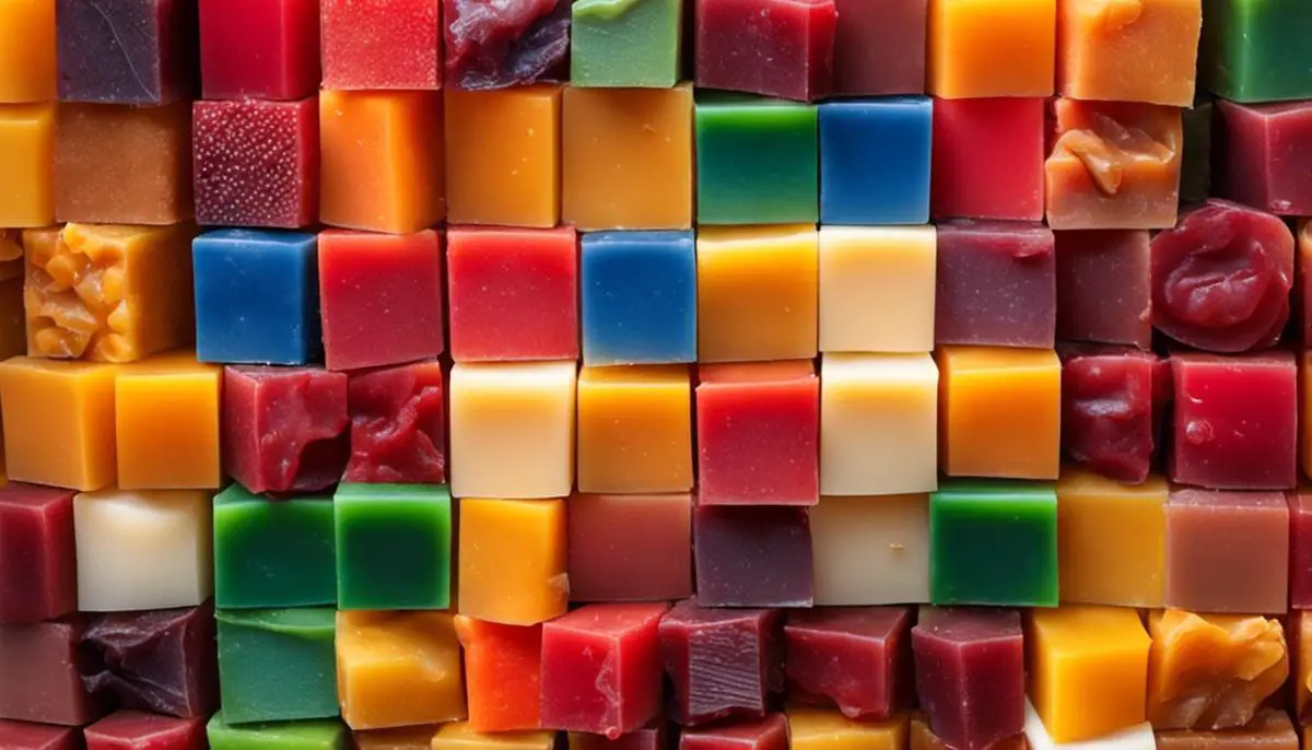 Image of different types of candle wax, including paraffin, soy, palm, and beeswax, displayed in colorful wax blocks.