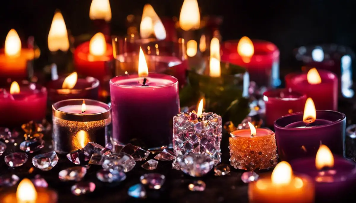 Image of candles and crystals glowing on a dark background