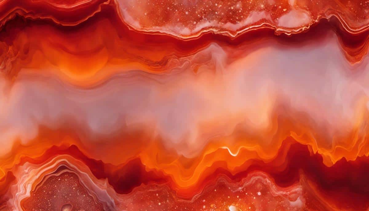 Image of Carnelian stone, with vibrant reds and oranges, symbolizing its energy and healing properties