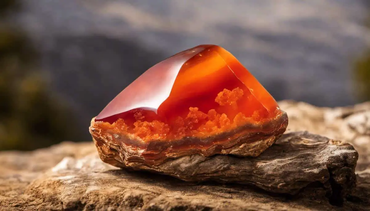 Image of a Carnelian stone, showcasing its reddish-orange hue and opaque appearance, with the geological layers and patterns visible.