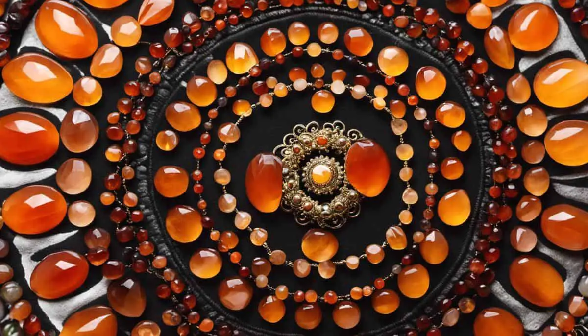 A close-up image of carnelian gemstones arranged in a circular pattern, representing the interconnectedness with the chakras.