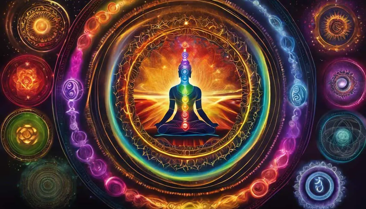 Illustration of colorful spinning chakras aligning along the spine, symbolizing the energetics of wellbeing and the interconnectedness of the physical, emotional, and spiritual aspects.