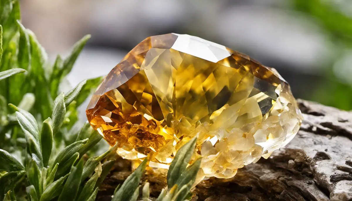 A citrine crystal with shades of yellow and gold, radiating vibrant energy and positivity.