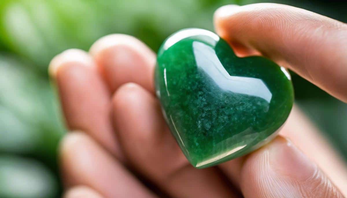 Close-up of a heart-shaped green aventurine stone resting on a person's chest, representing heart chakra alignment and healing.